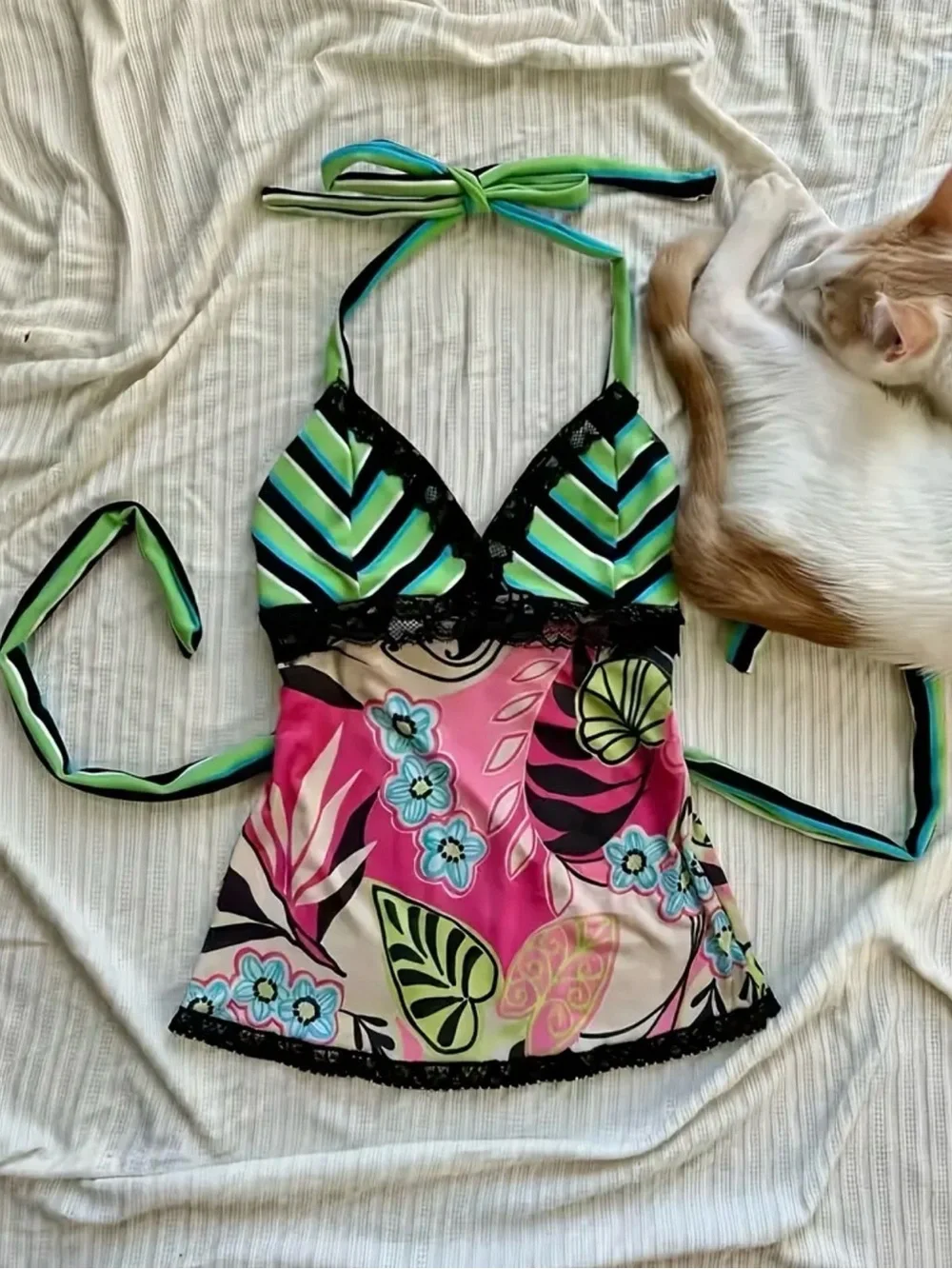 Vibrant Floral Halter Tankini Top - Green, Blue, Pink